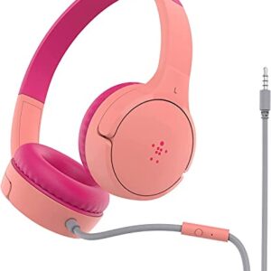 Belkin Casque audio filaire SoundForm Mini (pour enfants, circum-aural, micro intégré, pour apprentissage en ligne, école, voyage, jeu, pour appareils dotés d'un port audio 3,5 mm, rose)