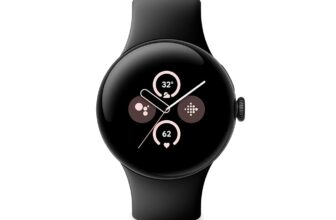 Google Pixel Watch 2 – Boîtier en Aluminium Noir Mat – Bracelet Sport Noir Volcanique – Wi-FI